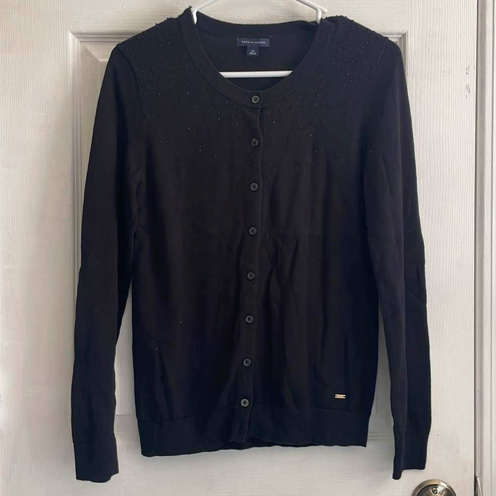 Black Tommy Hilfiger cardigan with beaded detail along collar